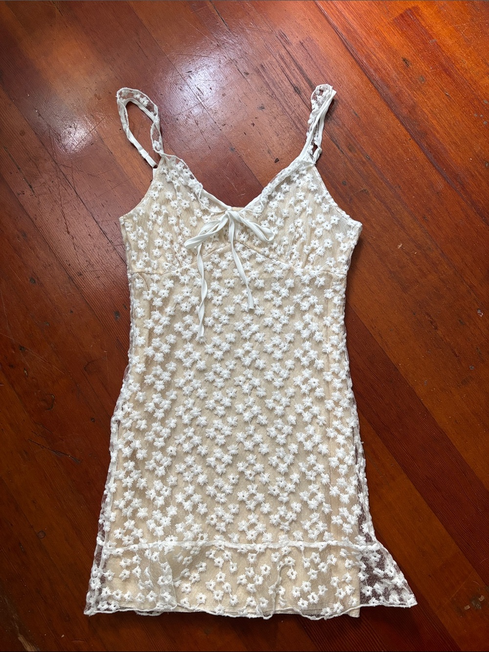 Cream Floral Lace Slip Chemise with Adjustable Tie Straps